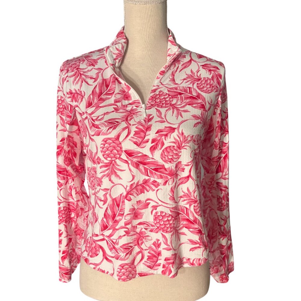 IBKUL Golf Long Sleeve Mock Neck Top pink pineapple print M medium quarter zip